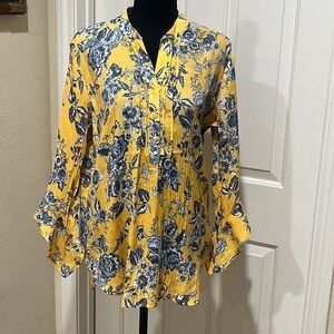 COUNTERPARTS Yellow and Blue Asymmetrical Blouse with Bell Sleeves SIZE L